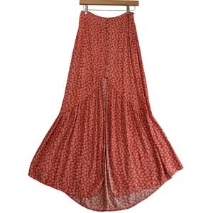 Olivaceous Maxi Skirt Womens S Orange Red Floral Button Front Slit Boho Rayon